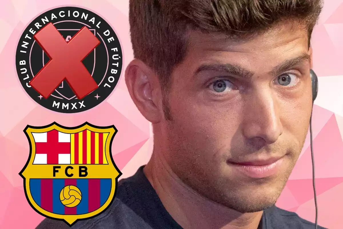 Sergi Roberto mirando al frente con los escudos del Inter Miami y FC Barcelona a su lado