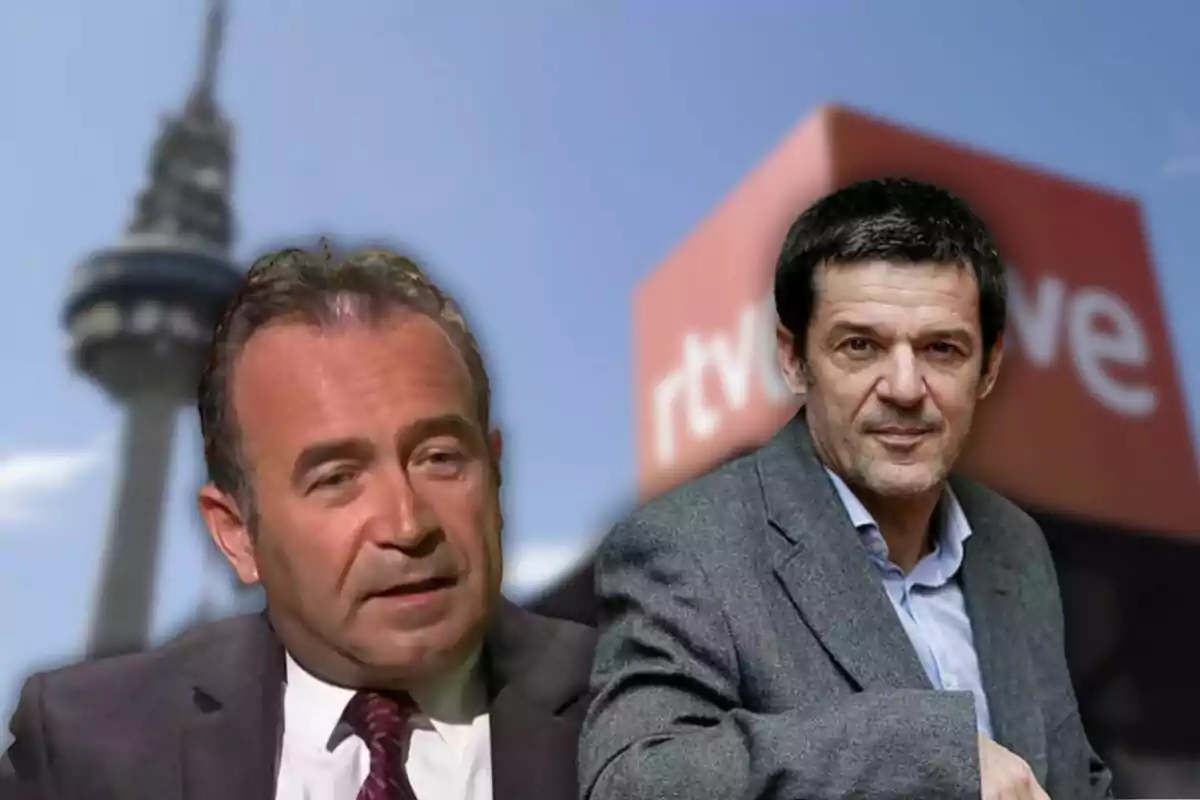 Dos hombres en traje frente a un fondo con una torre y el logo de RTVE.