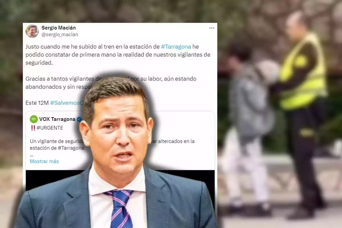 Montaje con foto de persona y twit al fondo