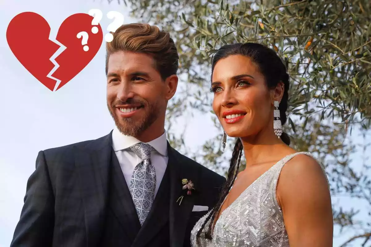 Montaje de Sergio Ramos y Pilar Rubio el día de su boda, un corazón roto e interrogantes