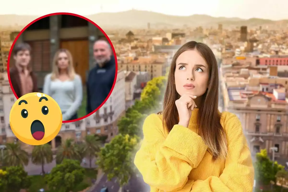 Una mujer pensativa con un suéter amarillo está sobre un fondo de ciudad con un círculo que muestra a tres personas desenfocadas y un emoji sorprendido.