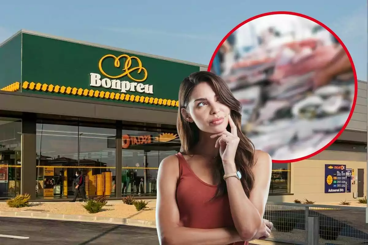 Supermercado Bonpreu, chica pensativa y circulo rojo con imagen borrosa