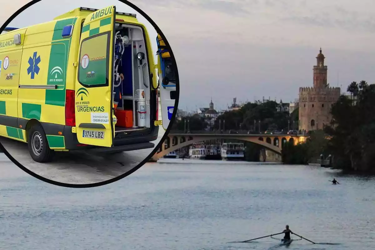 Montaje de un ambulancia junto al río Guadalquivir