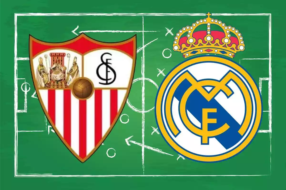Montaje con los escudos del Sevilla FC y el Real Madrid sobre una pizarra de fútbol