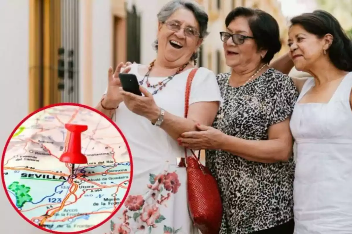 Tres mujeres mirando un teléfono y riendo por la calle junto a una imagen de un mapa con la localización de Sevilla