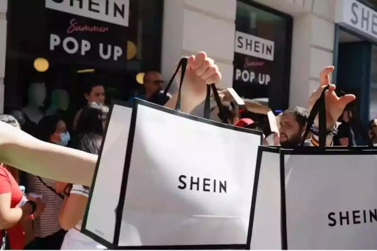 Bolsas de Shein delante de un pop up