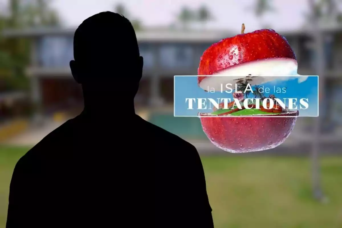 Silueta de Rubén Torres frente a un fondo borroso con el logo de "La Isla de las Tentaciones" que incluye una manzana roja.