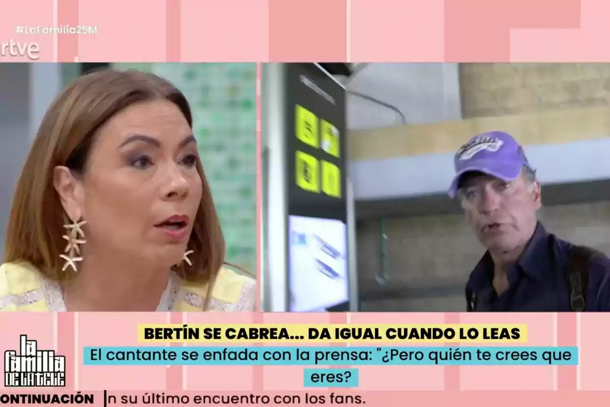 Silvia Taulés con pendientes de estrella aparece a la izquierda y Bertín Osborne con gorra morada está a la derecha, en 'La familia de la tele' con titulares sobre el cantante enfadado con la prensa. Silvia Taulés con pendientes de estrella aparece a la izquierda y Bertín Osborne con gorra morada está a la derecha, en 'La familia de la tele' con titulares sobre el cantante enfadado con la prensa.