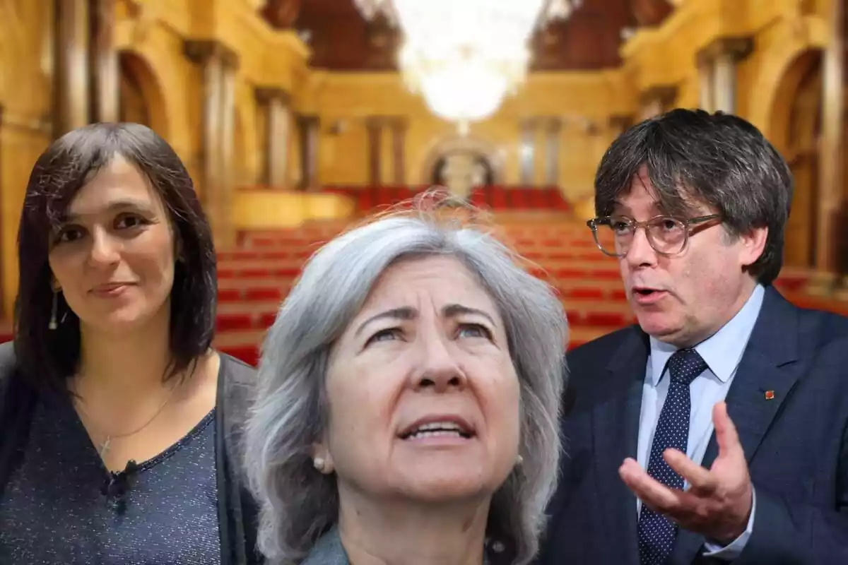 Montaje con la presidenta de la ANC con Carles Puigdemont y Silvia Orriols a los lados y el parlamento catalán de fondo