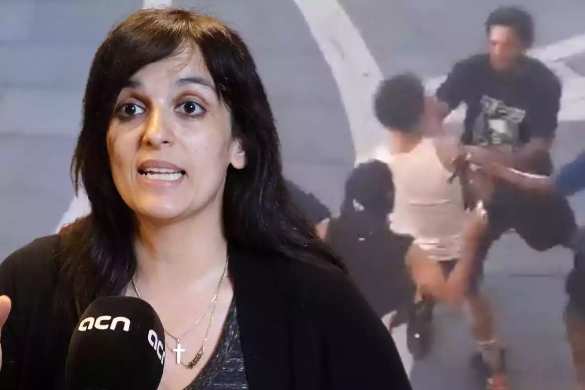 La política catalana Sílvia Orriols en primer plano con una captura de pantalla del vídeo de la pelea entre marroquies en Manresa