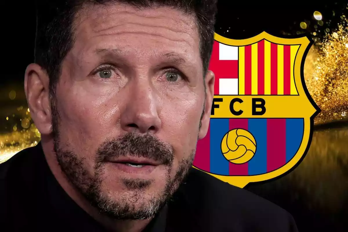 Simeone con el escudo del Barça al lado y un fondo negro y dorado