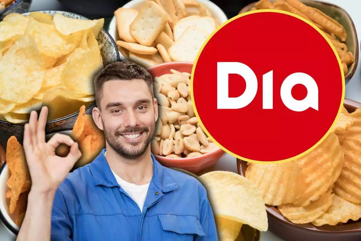 Persona dando el ok a los snacks y el logo de Dia