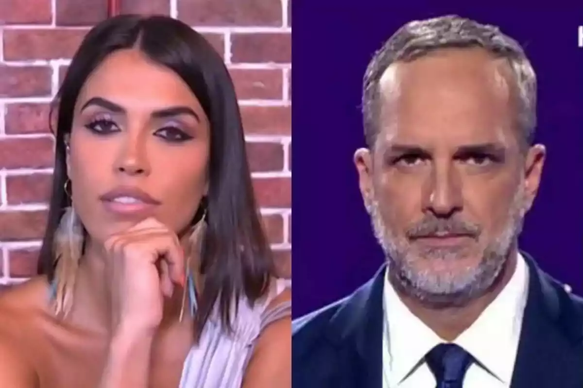 Dos personas en una imagen dividida, Sofía Suescun a la izquierda con cabello oscuro y una expresión pensativa en Socialité, y Santi Acosta a la derecha con cabello corto y barba en De Viernes, ambos mirando hacia la cámara.