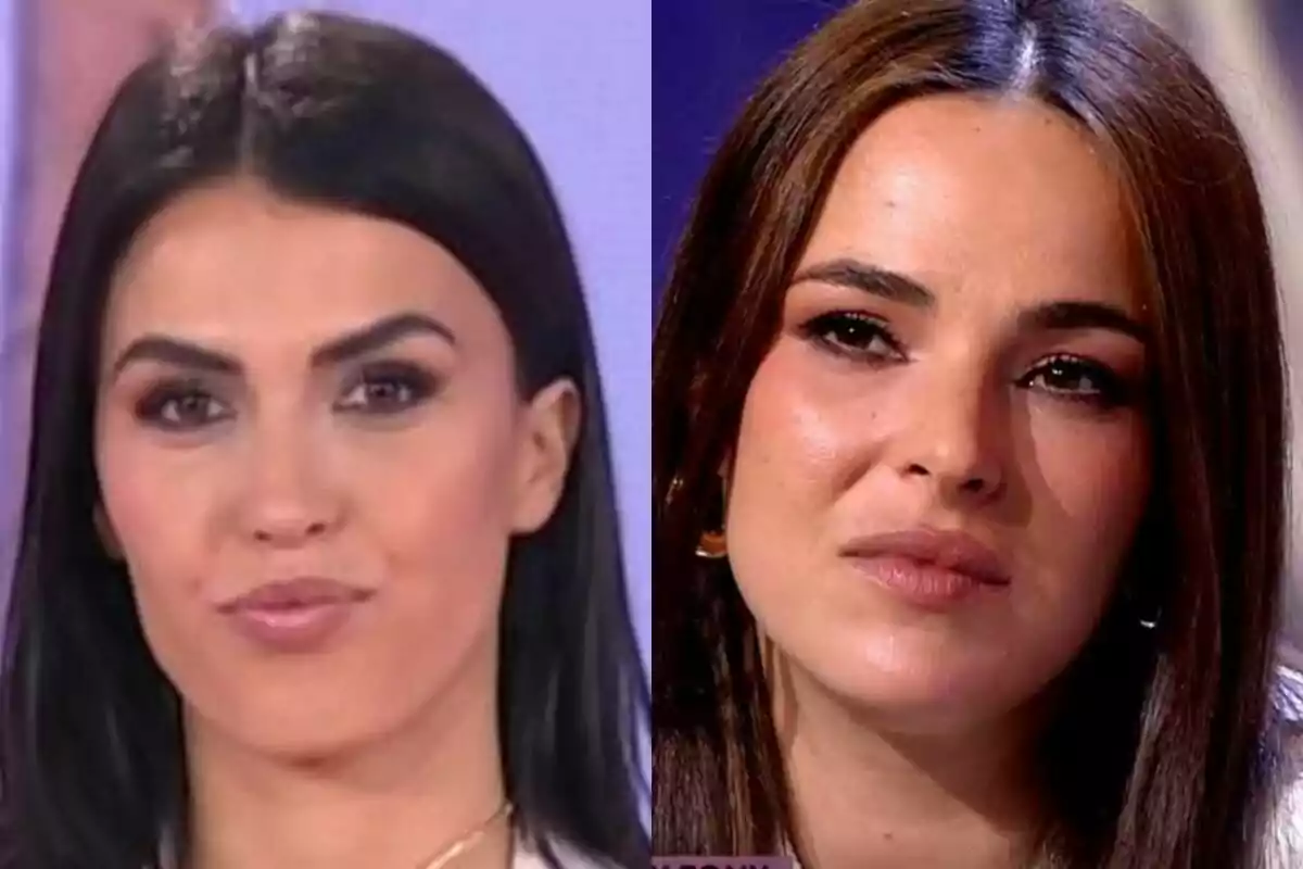Sofía Suescun en Socialité y Marta Peñate en De Viernes miran al frente con expresiones serias en un entorno de estudio de televisión