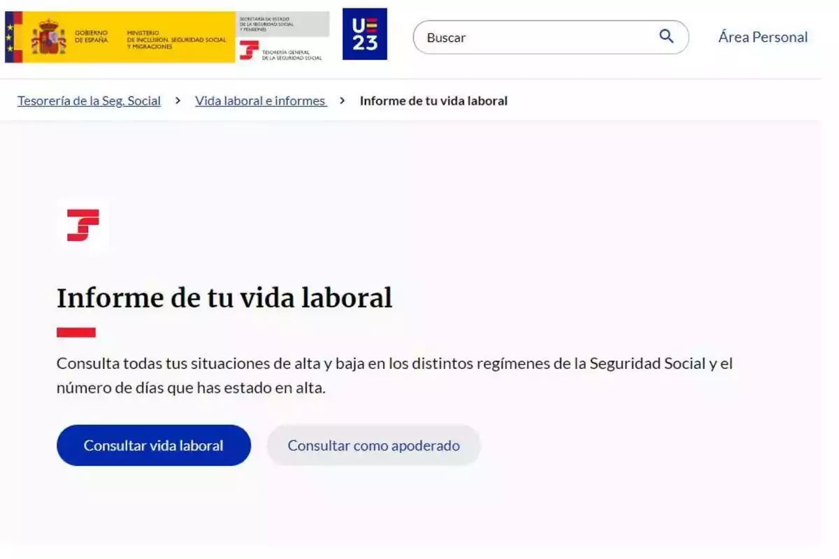 Imagen de ejemplo del inicio del proceso de solicitud del informe de la vida laboral Imagen de ejemplo del inicio del proceso de solicitud del informe de la vida laboral