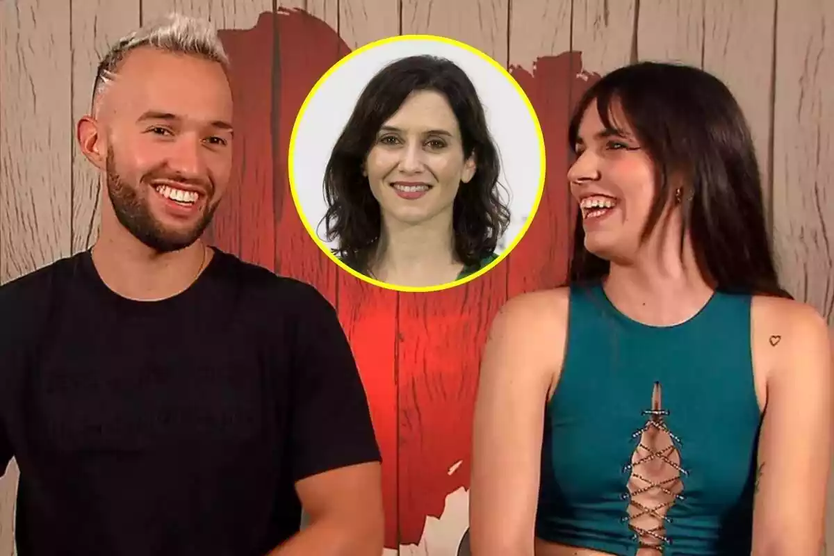 Montaje de dos solteros de First Dates con una imagen de Isabel Díaz Ayuso