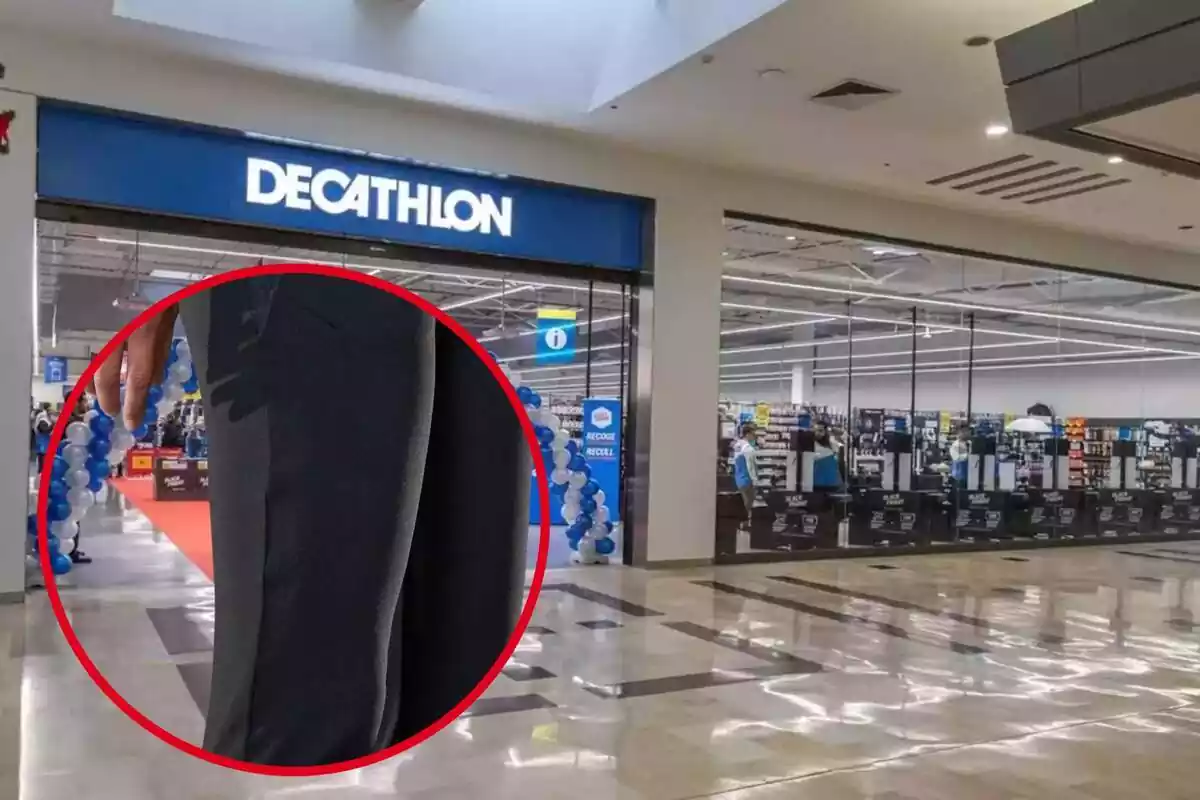 Fragmento detalle pantalones negros deporte en un círculo rojo sobre fondo de Decathlon de centro comercial