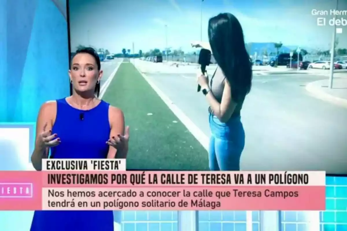 La reportera Sonia Fernández en el plató de Fiesta con un vestido azul, mientras en la pantalla detrás de ella se muestra a una reportera en un polígono industrial, con un texto en la parte inferior que dice: 