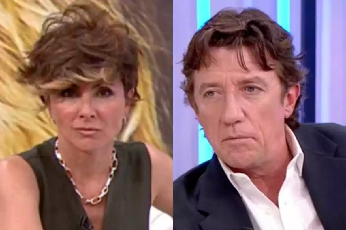 Sonsoles Ónega y Colate con expresión seria aparecen en 'Y ahora Sonsoles', una mujer con cabello corto y un hombre con cabello castaño y chaqueta oscura.