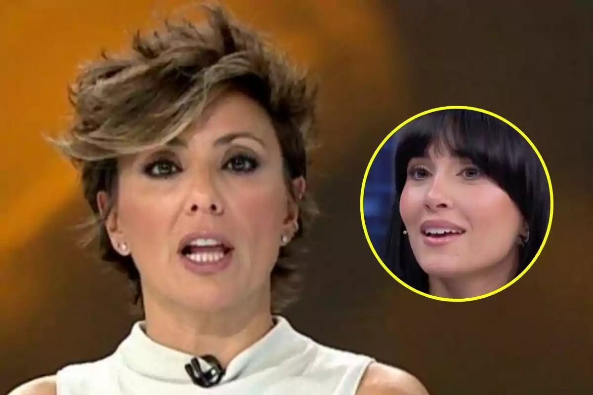 Sonsoles Ónega de cabello corto y castaño claro hablando frente a la cámara en Y ahora Sonsoles con un micrófono en el cuello y en la esquina superior derecha aparece el rostro de Aitana de cabello largo y oscuro en El Hormiguero dentro de un círculo amarillo