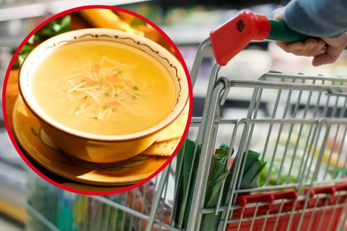 Imagen de fondo de un supermercado con una persona llevando un carrito y otra de un plato de sopa