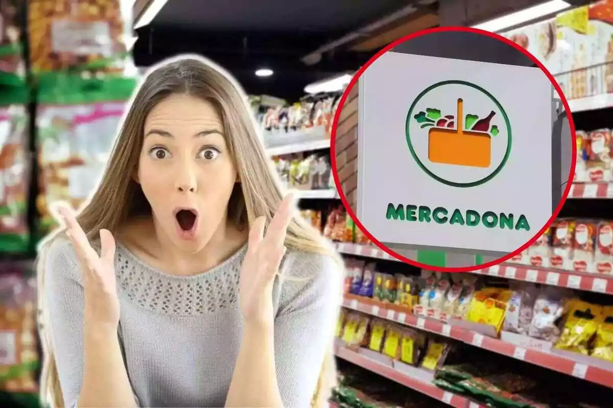 Montaje con mujer sorprendida en un supermercado y logo de Mercadona