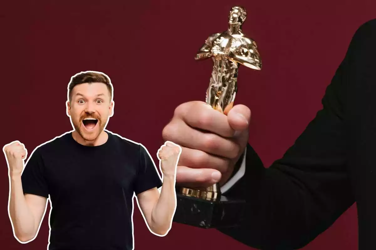 Imagen de fondo de una persona con una estatuilla de los Oscar y otra persona con gesto de celebración