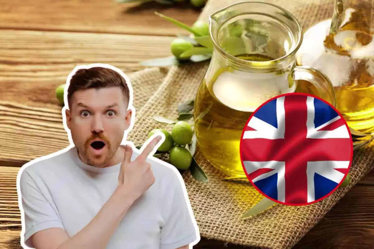 Persona sorprendida señalando aceite de oliva y la bandera de Reino Unido