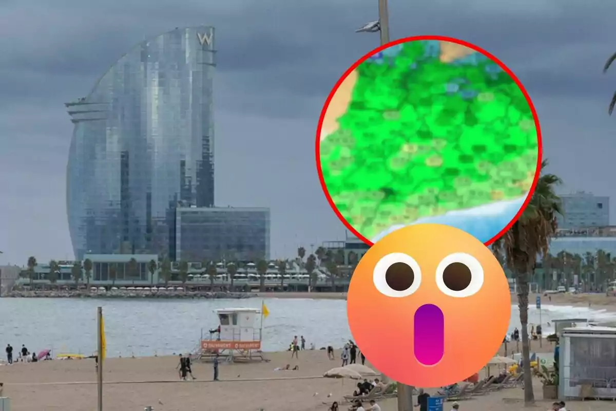 Playa con un edificio moderno al fondo y un emoji sorprendido superpuesto.