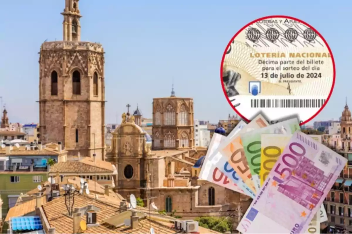 Imagen de una ciudad con edificios históricos, un billete de lotería y varios billetes de euro.