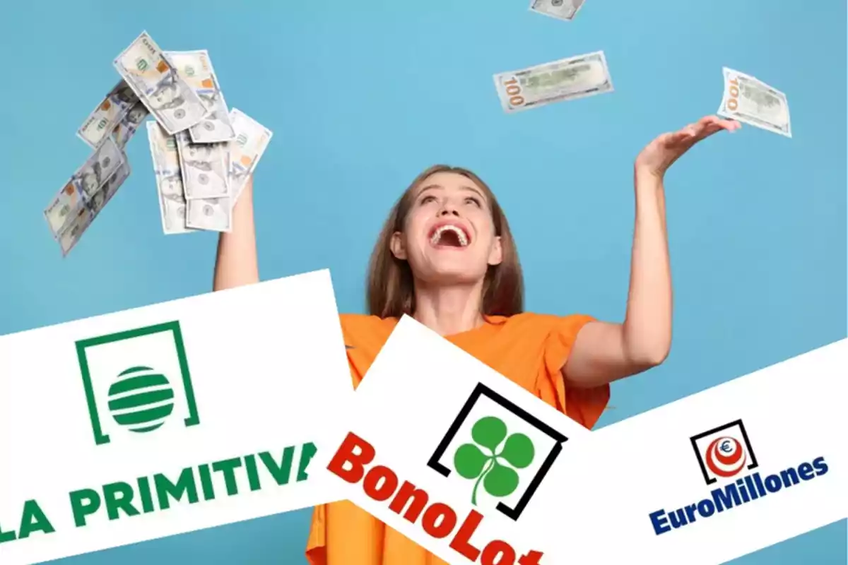 Una mujer sonriente lanza billetes al aire, rodeada de logotipos de loterías como La Primitiva, BonoLoto y EuroMillones.