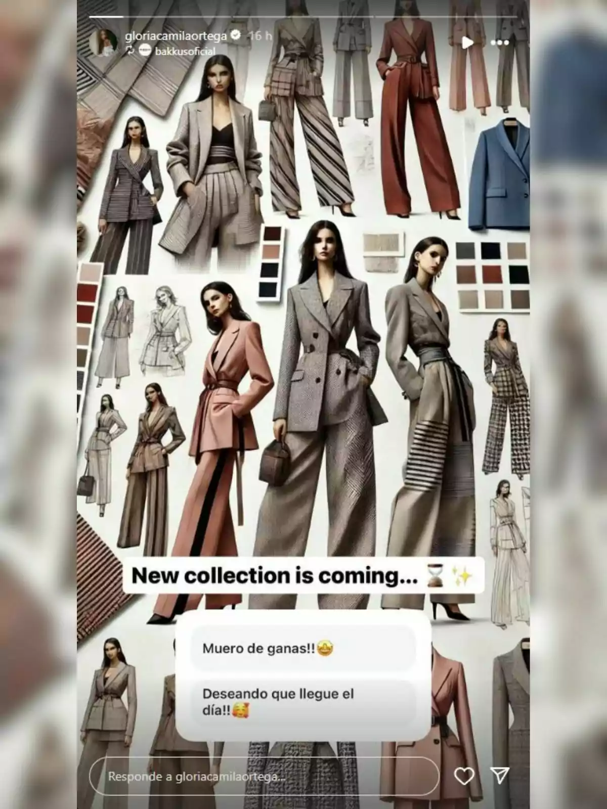 Una colección de moda con trajes elegantes y modernos en tonos neutros y terrosos, acompañada de comentarios entusiastas sobre su lanzamiento. Una colección de moda con trajes elegantes y modernos en tonos neutros y terrosos, acompañada de comentarios entusiastas sobre su lanzamiento.