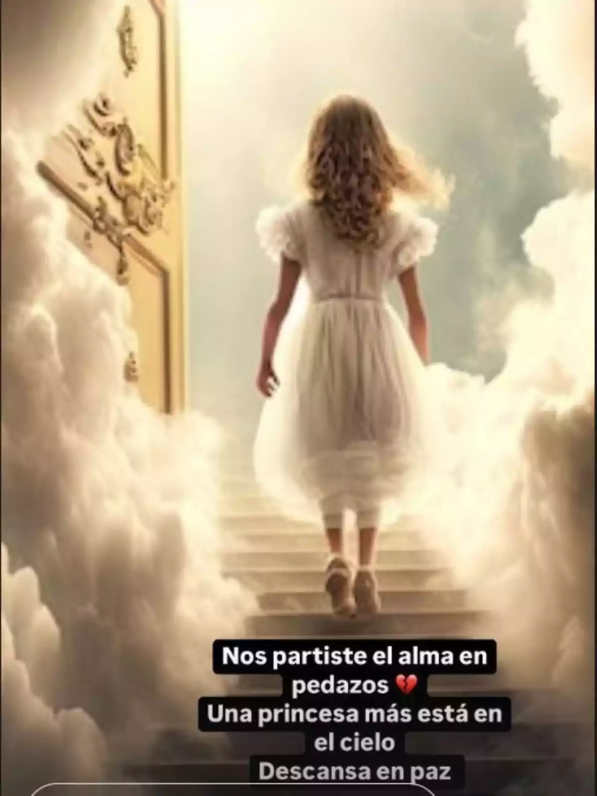 Story de Kiko Rivera con la imagen de niña con vestido blanco que sube una escalera rodeada de nubes hacia una puerta dorada. Le acompaña un mensaje de despedida y un corazón roto. Story de Kiko Rivera con la imagen de niña con vestido blanco que sube una escalera rodeada de nubes hacia una puerta dorada. Le acompaña un mensaje de despedida y un corazón roto.