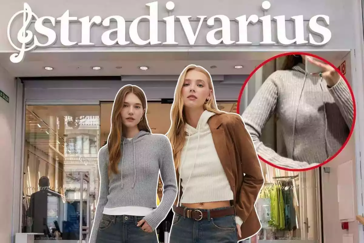 Imagen de fondo de una tienda Stradivarius y otras imágenes de varias personas posando con un jersey de la marca