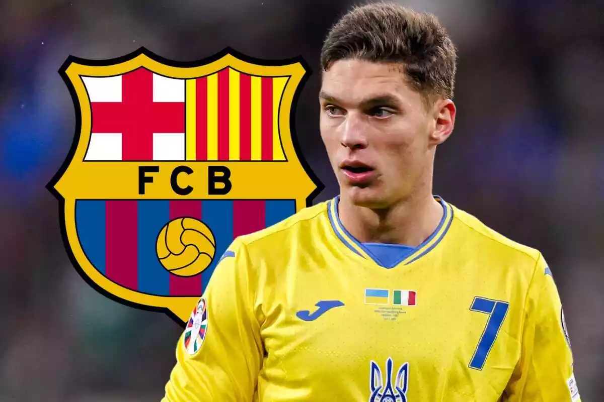Georgiy Sudakov con la camiseta de Ucrania junto a un escudo del FC Barcelona Georgiy Sudakov con la camiseta de Ucrania junto a un escudo del FC Barcelona