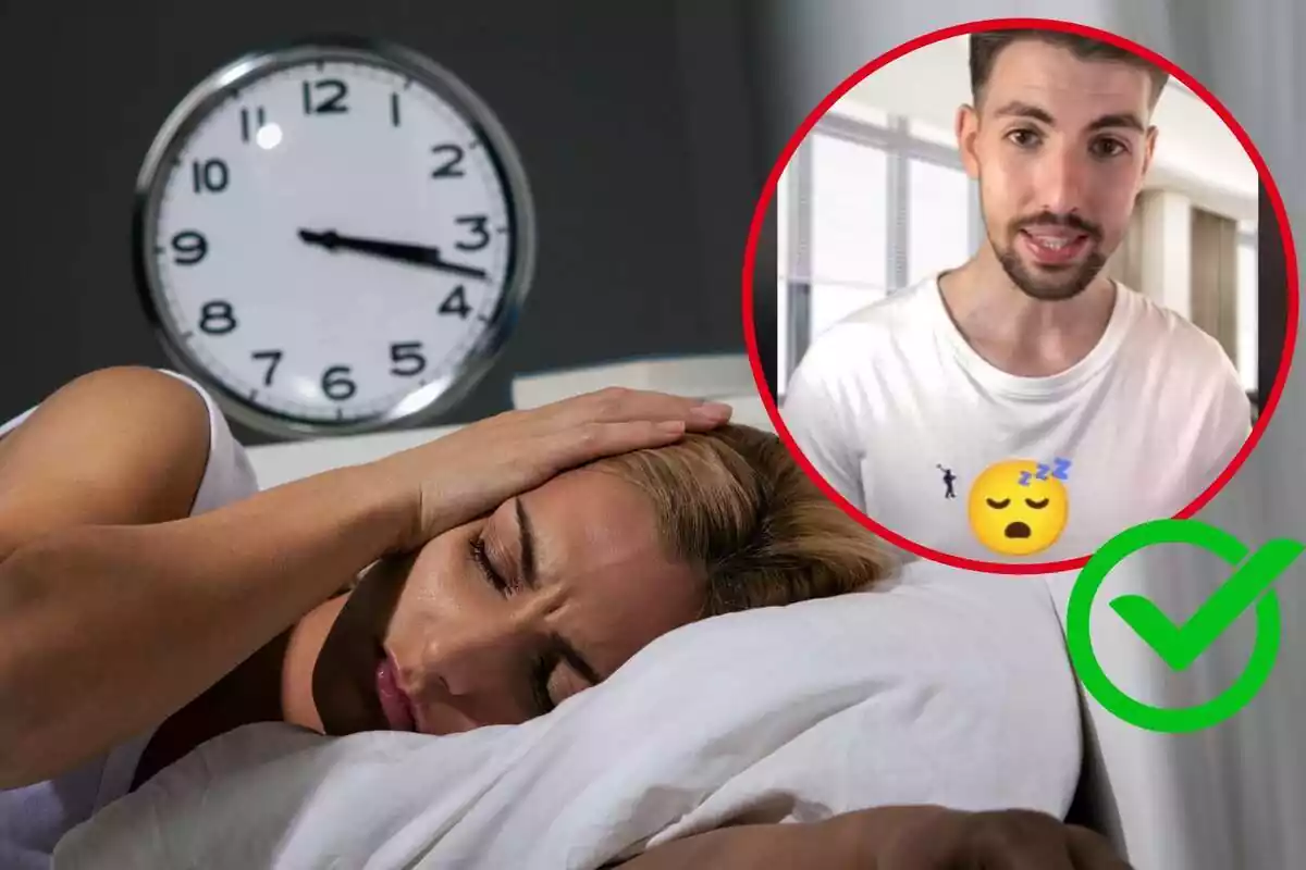 Imagen de una mujer intentando dormir, metida en la cama, con un reloj a la espalda y otra imagen del usuario de TikTok Carlos Estratega