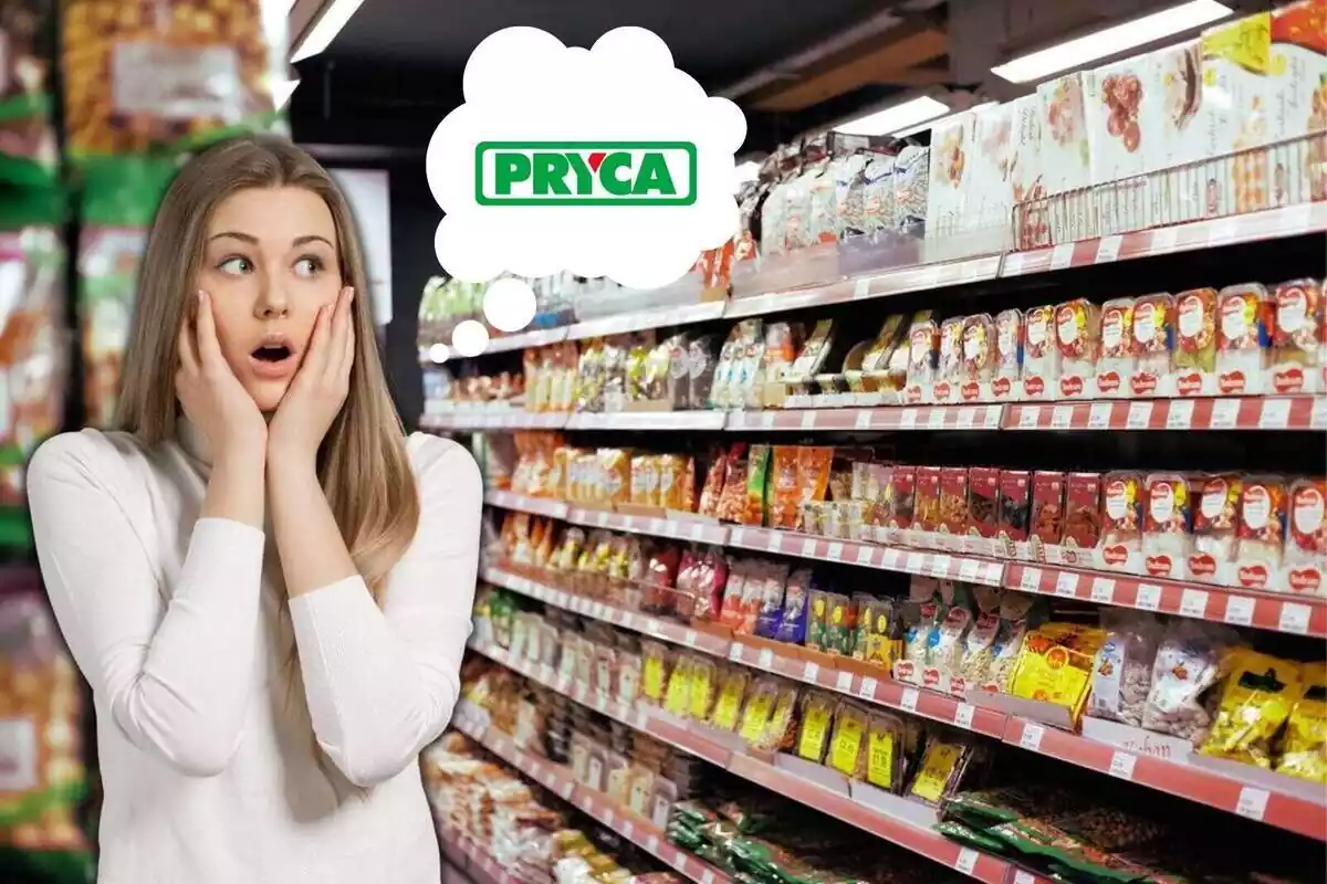 Montaje con una estantería de supermercado llena de productos y una chica con cara de sorpresa recordando la marca pryca