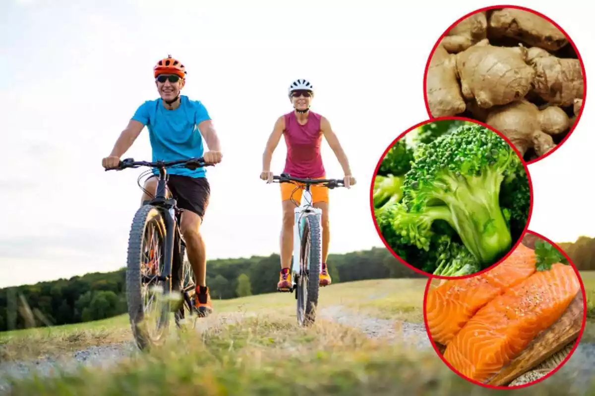 Dos personas en bicicleta y en destacados jengibre, brócoli y salmón