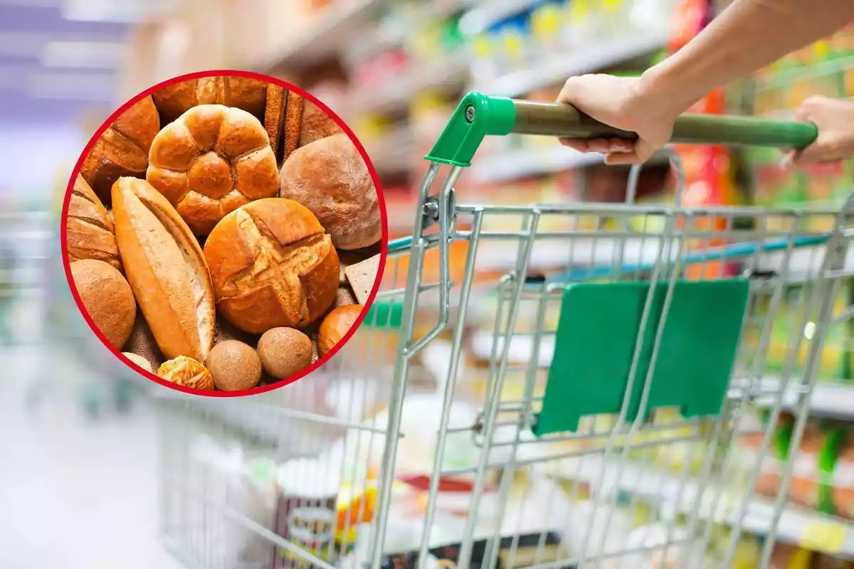 Montaje de un carrito de supermercado y una redonda con diferentes variedades de pan