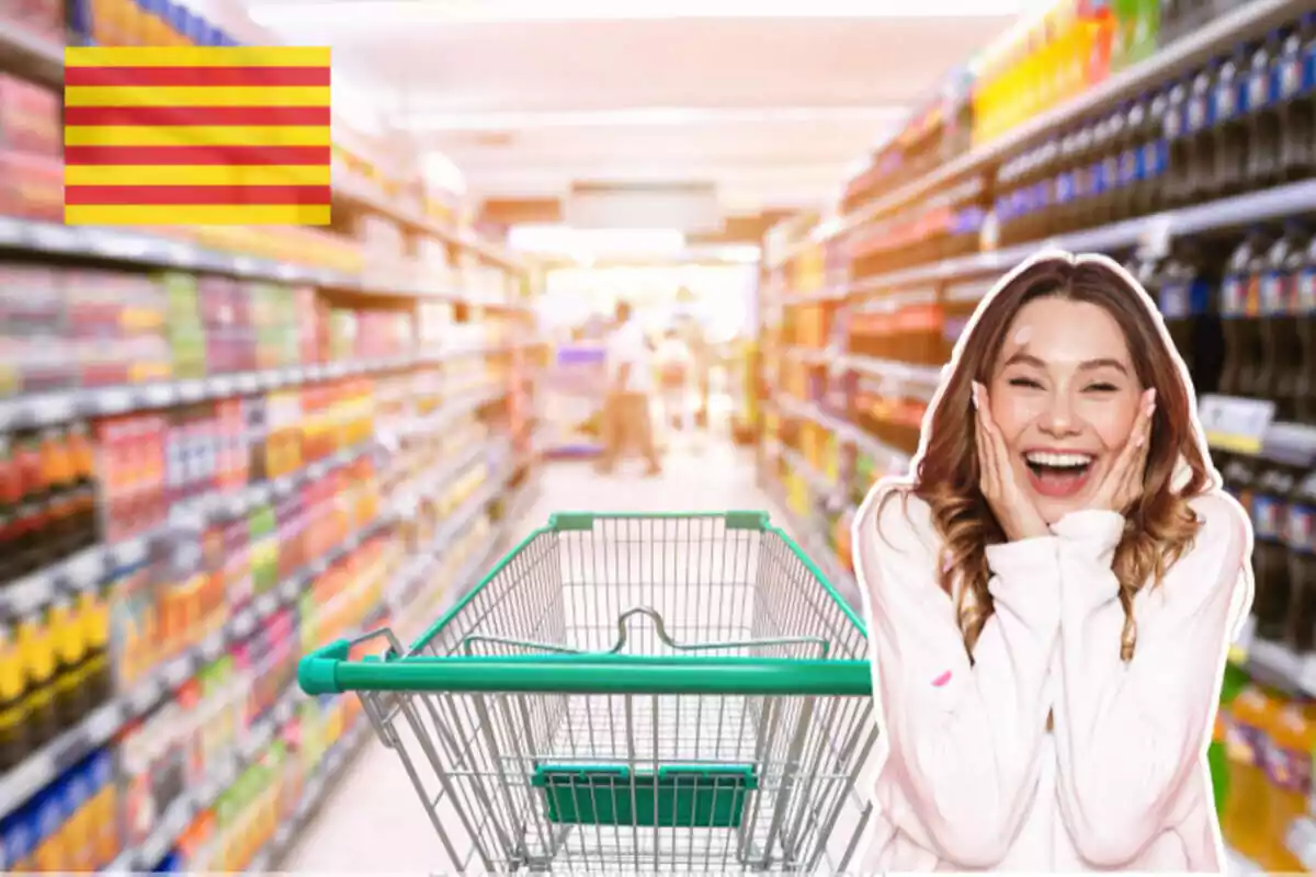 Fotomontaje con un fondo de un supermercado, una bandera de Cataluña y una mujer contenta