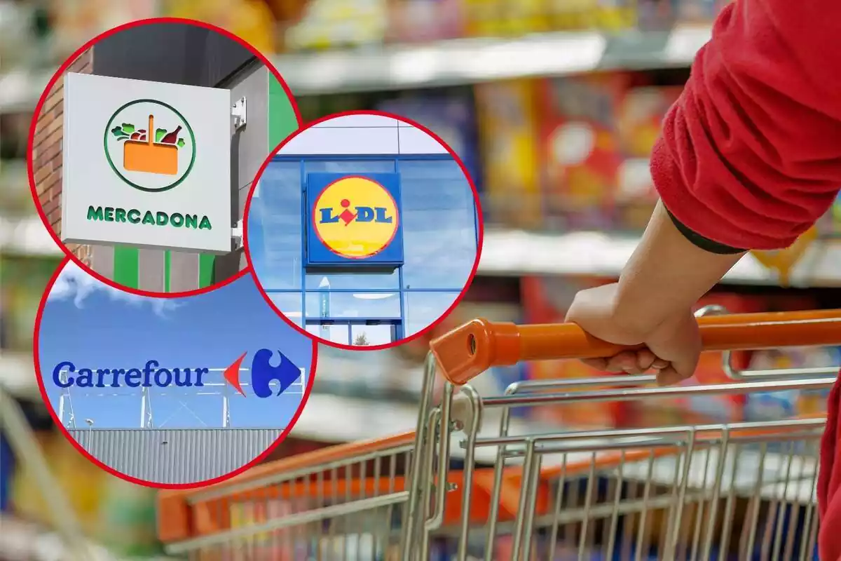 Montaje con una imagen de fondo de un supermercado y otras tres de Mercadona, Lidl y Carrefour