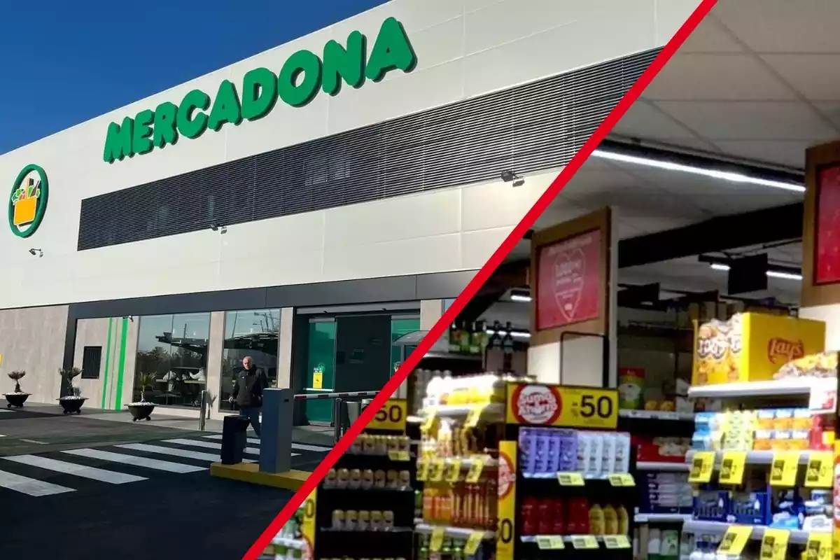 Meradona a la izquierda e interior de supermercado deaconocido a la derecha, separados ambos por una línea roja oblicua