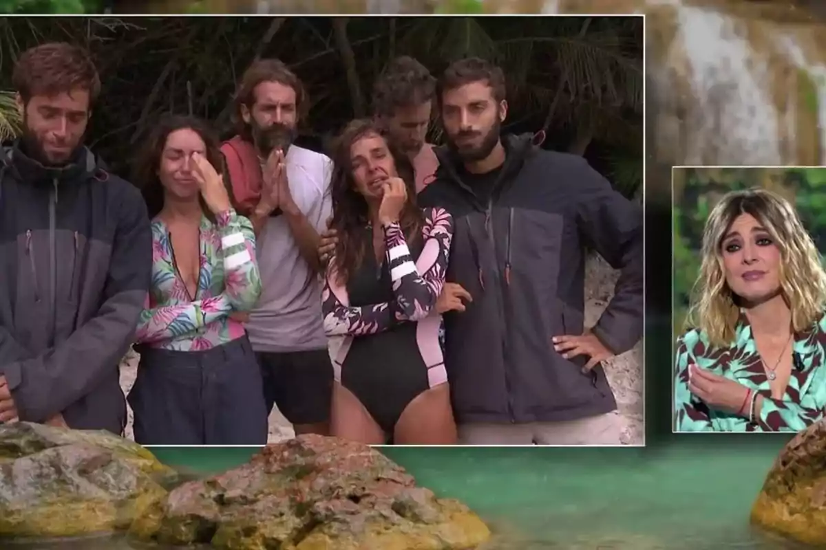 Un grupo de personas en una playa parece emocionado mientras Sandra Barneda en un recuadro pequeño observa desde un estudio. Captura de 'Supervivientes' Un grupo de personas en una playa parece emocionado mientras Sandra Barneda en un recuadro pequeño observa desde un estudio. Captura de 'Supervivientes'