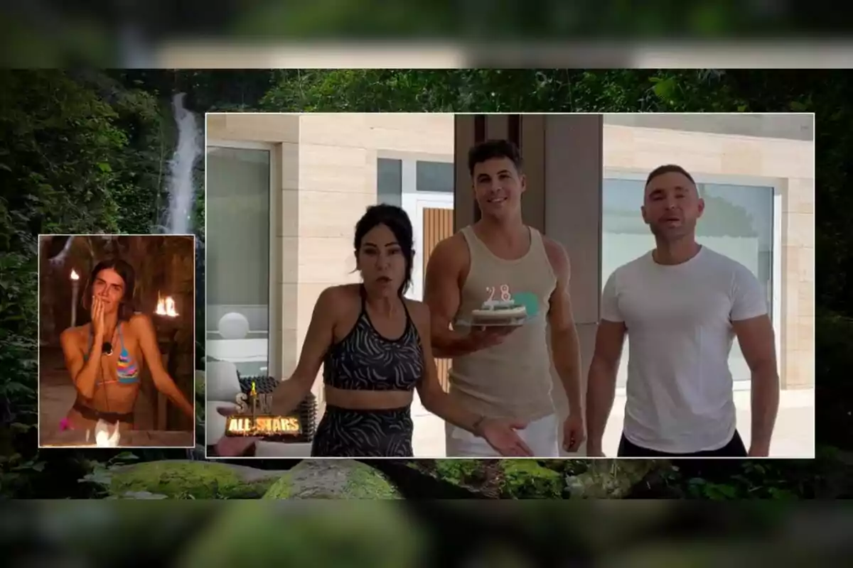 Maite Galdeano, Kiko Jiménez y Cristian Suescun en ropa deportiva posando frente a una casa moderna, con Sofía Suescun en bikini en un recuadro a la izquierda. Captura de 'Supervivientes' el 4 de julio de 2024 Maite Galdeano, Kiko Jiménez y Cristian Suescun en ropa deportiva posando frente a una casa moderna, con Sofía Suescun en bikini en un recuadro a la izquierda. Captura de 'Supervivientes' el 4 de julio de 2024