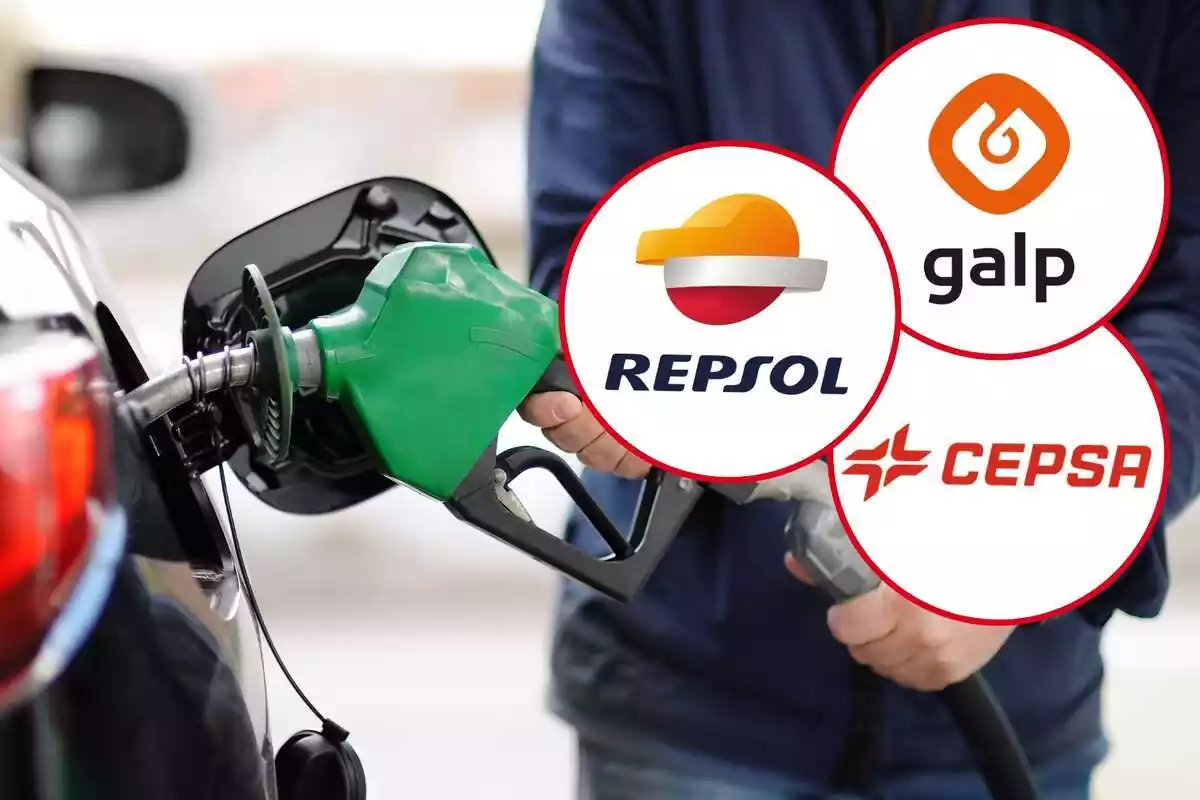Montaje con una persona llenando el depósito de un coche y tres círculos con los logos de Repsol, Galp y Cepsa