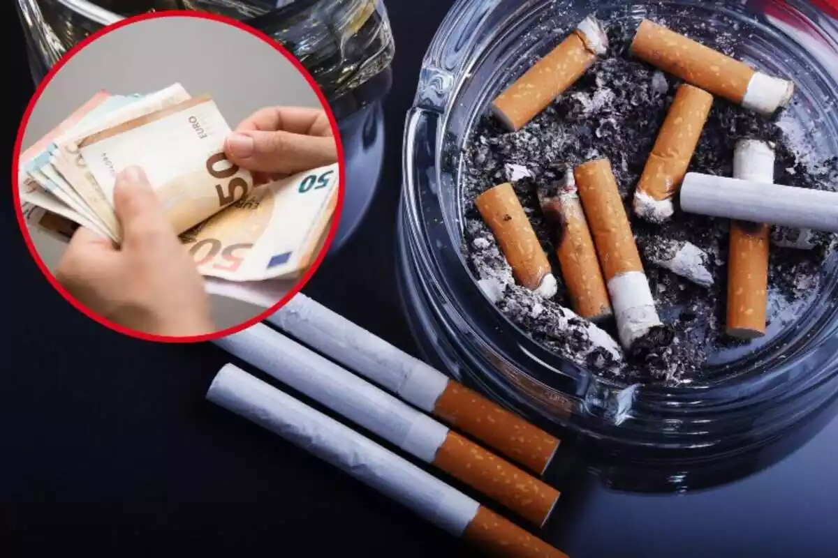 Imagen de fondo de una mesa con cigarrillos empezados y enteros y otra imagen de una mano con muchos billetes de euros