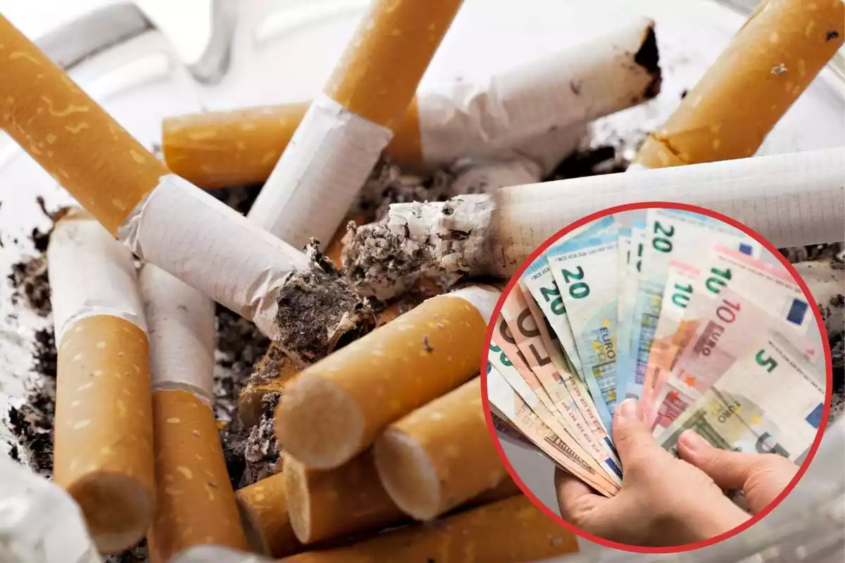 Imagen de fondo de varios cigarros empezados pero apagados y otra de una mano con varios billetes de euros