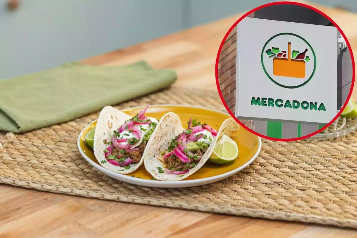 Montaje con un plato con dos tacos mexicanos y en un círculo el logo de Mercadona