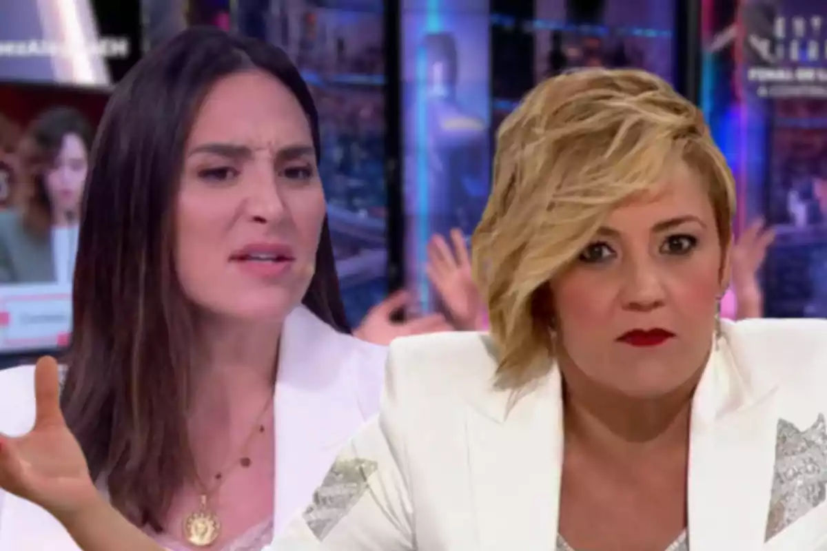 Montaje con Tamara Falco y Cristina Pardo enfadadas. De fondo, el plató de 'El Hormiguero'