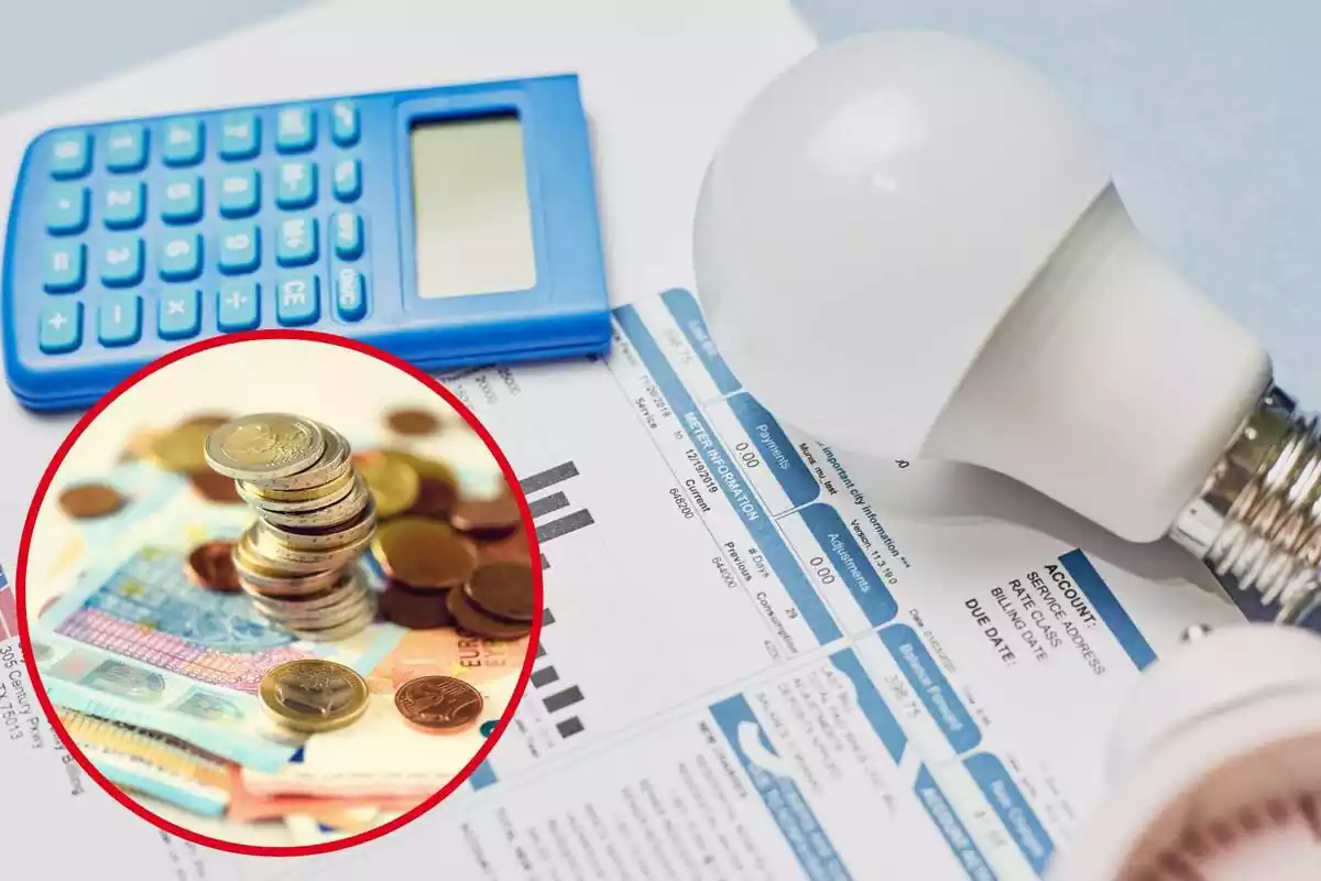 Imagen de fondo de una factura con una calculadora y una bombilla de luz, junto a otra imagen de dinero